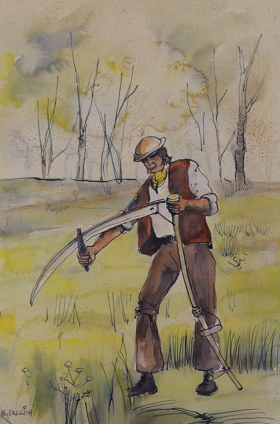 B.G. Parrish, 20th century, a pair of watercolours, The Mower and The Wheelwright, signed and inscribed, 28 x 17cm